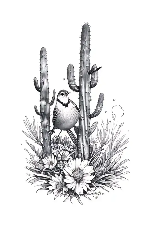 black and white thigh tattoo: Arizona desert with a cactus wren, Sahuaro, desert marigold, sage, and agave tattoo design idea