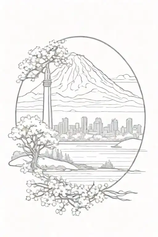Start over. Create me an arm sleeve tattoo. I want mount rainier, depicted cherry blossom trees, the Washington monument tattoo design idea