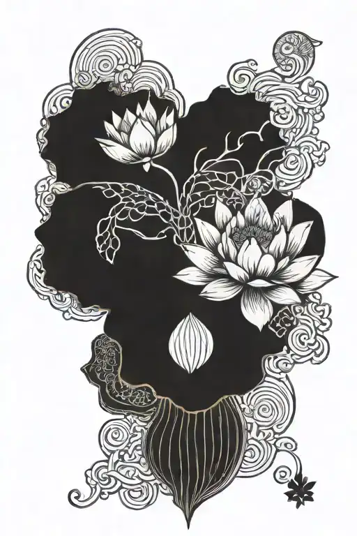 Oriental lotus flower deconstruct with blackwork oriental background tattoo design idea