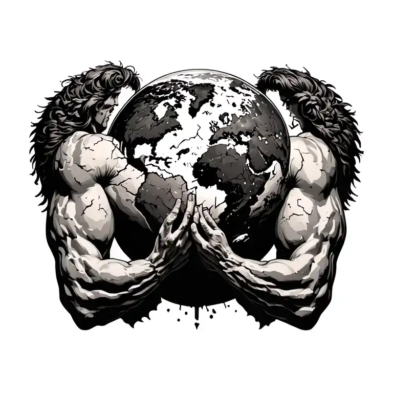 Atlas bearing a broken Earth on his back, stone skin cracking under immense pressure tattoo design idea