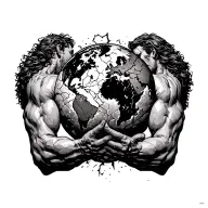 Atlas bearing a broken Earth on his back, stone skin cracking under immense pressure tattoo design idea