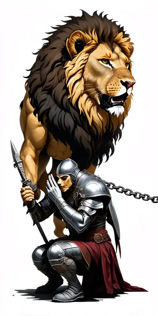 A male lion head with a armored warrior kneeling praying. Background has a iron chain breaking. Front view.  tattoo design idea