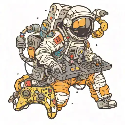 astronaut, gamepad, computer, tv, garland, planets, rocket, gamer tattoo design idea