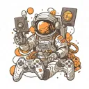 astronaut, gamepad, computer, tv, garland, planets, rocket, gamer tattoo design idea