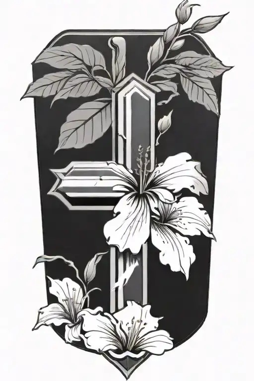 a simple christian cross with a black border and white inside. surrounded by hibiscus flowers and cherry blossoms tattoo design idea