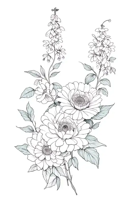 peonies, hydrangea, wisteria, rose, gerbera daisies intertwined tattoo design idea