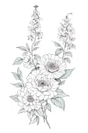 peonies, hydrangea, wisteria, rose, gerbera daisies intertwined tattoo design idea