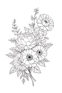 peonies, hydrangea, wisteria, rose, gerbera daisies intertwined tattoo design idea
