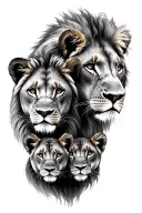 lion and lioness with two cubs and 2 watch faces overlapping to make tattoo design idea