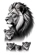 lion and lioness with two cubs and 2 watch faces overlapping to make tattoo design idea
