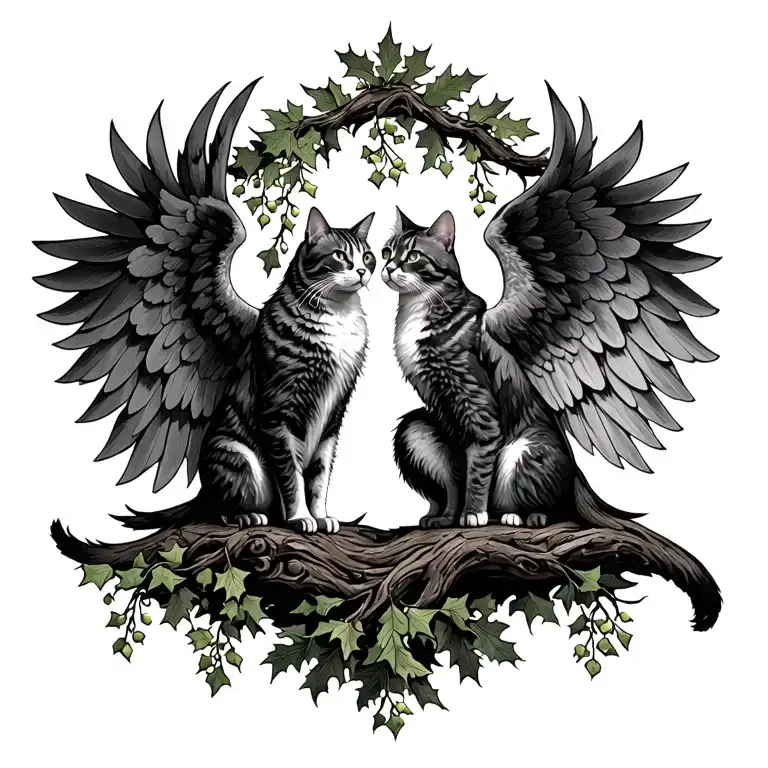 oak tree, mistletoe, cats on a throne, Phoenix wings spread tattoo design idea