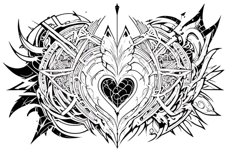 generate a blackwork-style stencil with intricate, futuristic, and arcane patterns resembling cyber sigils and heart tattoo design idea
