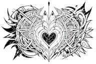 generate a blackwork-style stencil with intricate, futuristic, and arcane patterns resembling cyber sigils and heart tattoo design idea