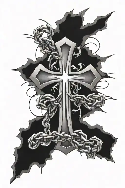 cross with broken chains and mental health awareness tattoo design idea