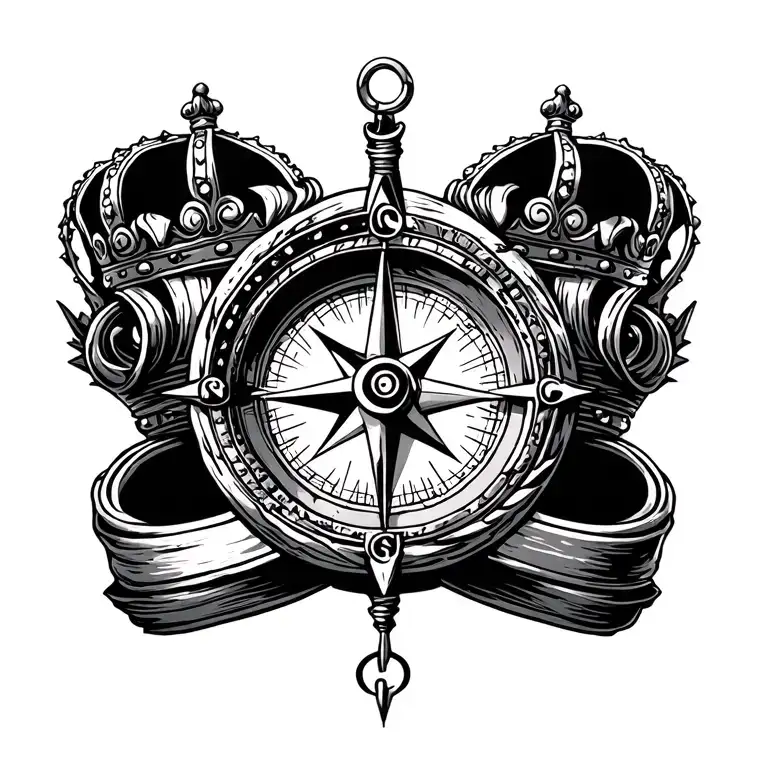 compass with queen's crown tattoo design idea