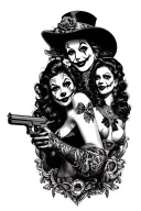 Chicano style tattoo featuring clowns women and guns tattoo design idea