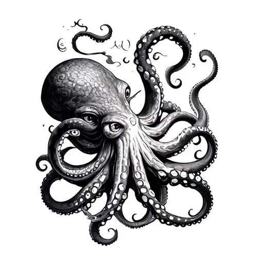 A surreal tattoo of a giant octopus wrapping its tentacles around a TCM doctor, symbolizing the deep connection between nature and traditional medicine, done in a blackwork style tattoo design idea