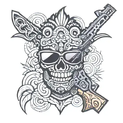 tiki head with sunglasses and ar 15 rifle tattoo design idea