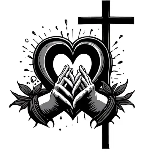 rip mom, cross, praying hands, heart intertwined tattoo design idea