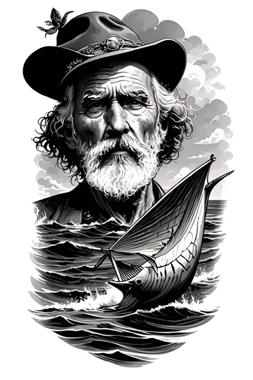 Old man and the sea themed Tattoo but with more action tattoo design idea