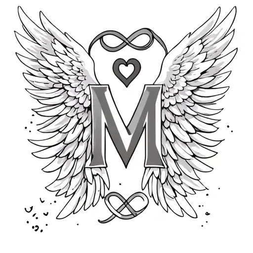 angel wings to the left and right side with a heard in the middle and infinity sign plus the letter M in minimalistic   tattoo design idea