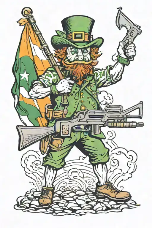 leprechaun hold a m16 and an irish flag and a american flag tattoo design idea