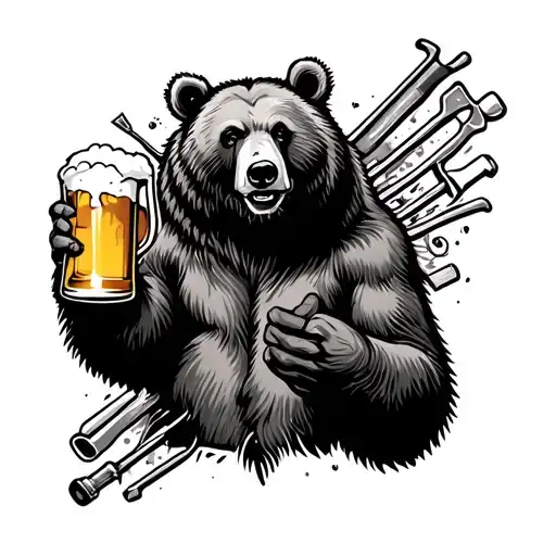 A realistic black and grey tattoo of a bear enjoying a cold beer, incorporating welding tools in the background tattoo design idea