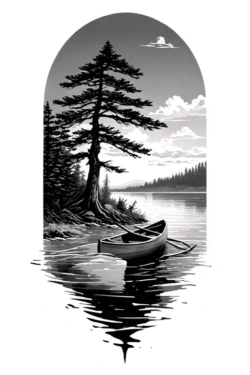 nature, shoreline with a canoe, and a windswept pinetree tattoo design idea