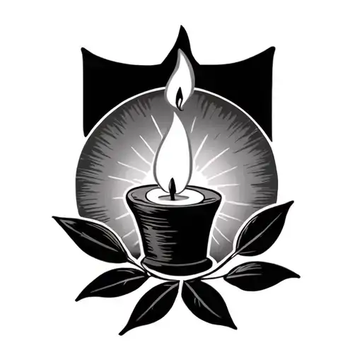 a lit candle stick where the flame becomes a sunrise with an olive branch wrapping around the candlestick tattoo design idea