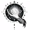 hand tattoo in mahendi style with astrological constellations Sagittarius Capricorn scorpio, aries, leo tattoo design idea