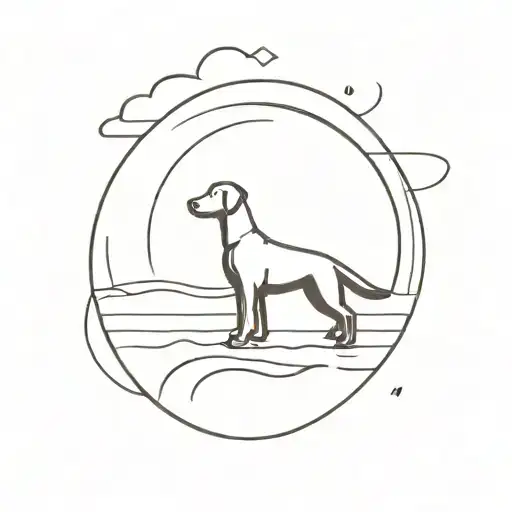 A minimalist tattoo featuring a silhouette of a dog trainer with a loyal Labrador at their side, surrounded by a sun and sea background. tattoo design idea