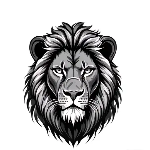 A black and grey lion head with piercing eyes, detailed fur texture, and soft shading, photorealistic, high contrast tattoo design idea