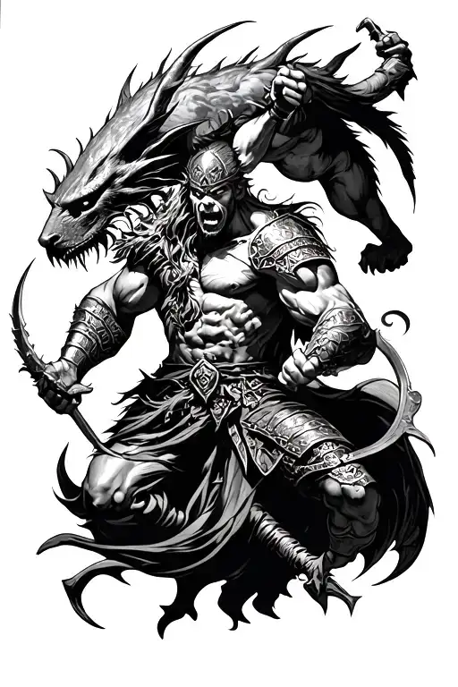 warrior fighting off demons tattoo design idea
