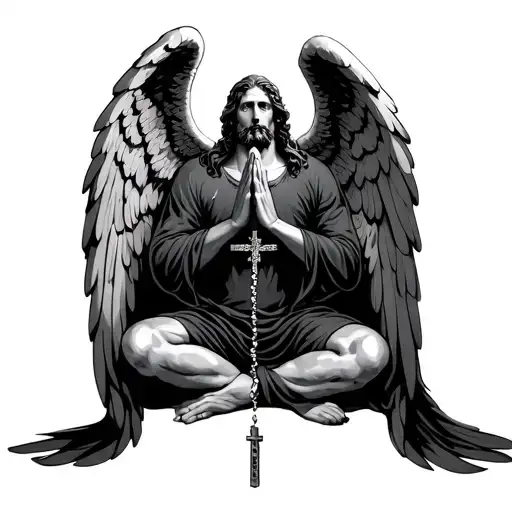 archangel selaphiel, on his knees praying while holding a rosary with cross hanging from his hands. wings from his sides tattoo design idea