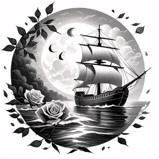 roses and tea leaves falling from the sky with a moon And a danish Viking ship sailing on the water  tattoo design idea