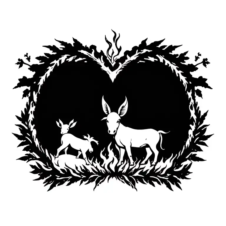 hestia goddess, hearth of flames, chaste tree branch, pig and donkey tattoo design idea