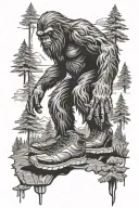 sasquatch forced perspective foot stepping tattoo design idea