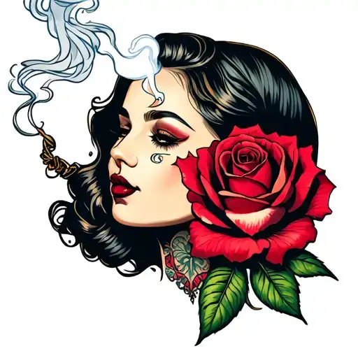 female smoking with rose intertwined tattoo design idea