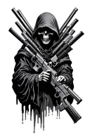 grim reaper holding multiple guns tattoo design idea
