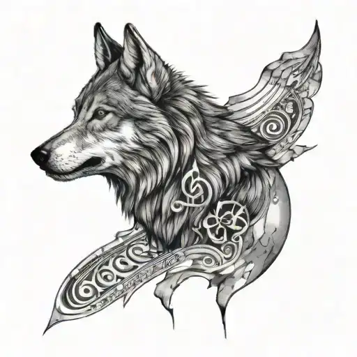 A majestic wolf howling at the moon, with musical notes swirling around it, reflecting Arya's love for metal music tattoo design idea