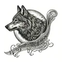 A majestic wolf howling at the moon, with musical notes swirling around it, reflecting Arya's love for metal music tattoo design idea