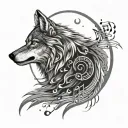 A majestic wolf howling at the moon, with musical notes swirling around it, reflecting Arya's love for metal music tattoo design idea