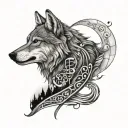 A majestic wolf howling at the moon, with musical notes swirling around it, reflecting Arya's love for metal music tattoo design idea