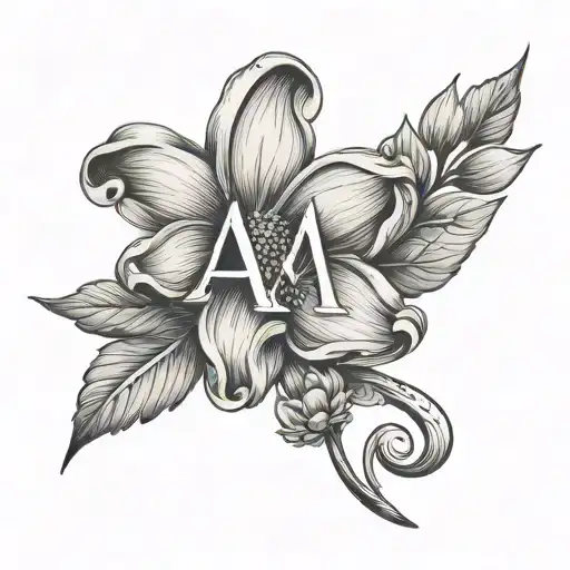 small delicate, feminine tattoo featuring a flower and letters A and M tattoo design idea
