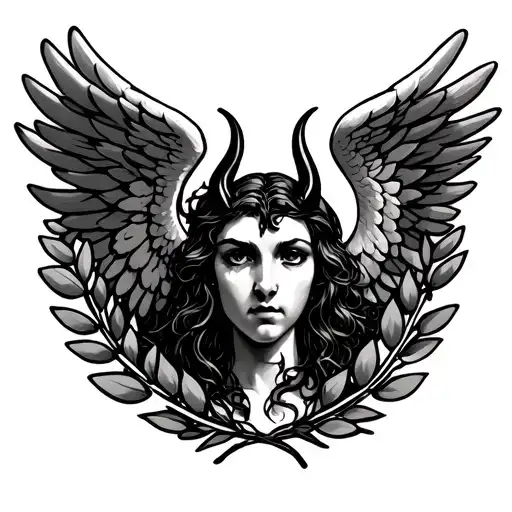 laurel wreath angel wing and the devil sur la main tattoo design idea