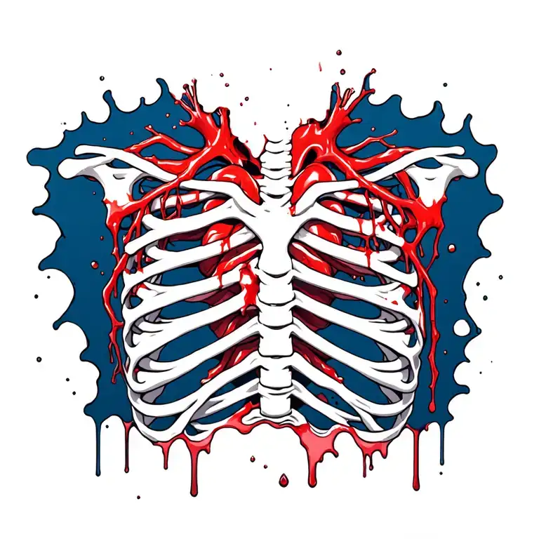 hole in chest where heart ripped out of a chest arteries hanging flesh ripped open lood dripping veins showing rib cage  tattoo design idea