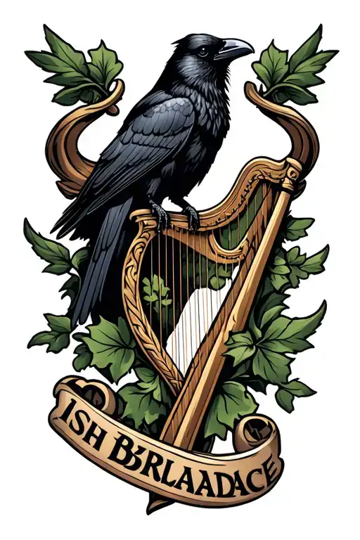 Irish Brigade tattoo with a black crow and harp tattoo design idea
