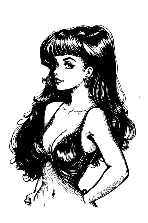 Sexy pin up girl, side profile, standing, petite, large boobs, tattoo design idea