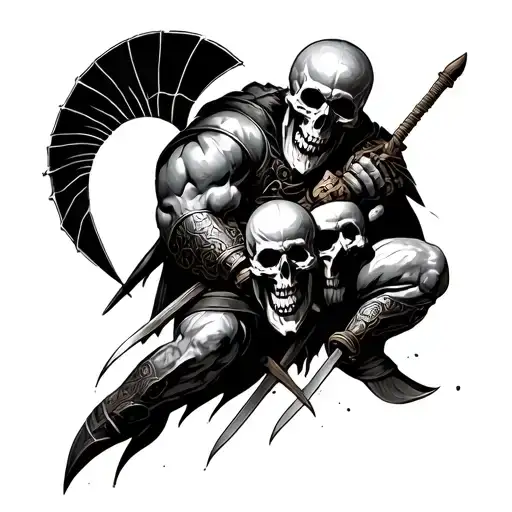 skulls with a spartan warrior battling tattoo design idea