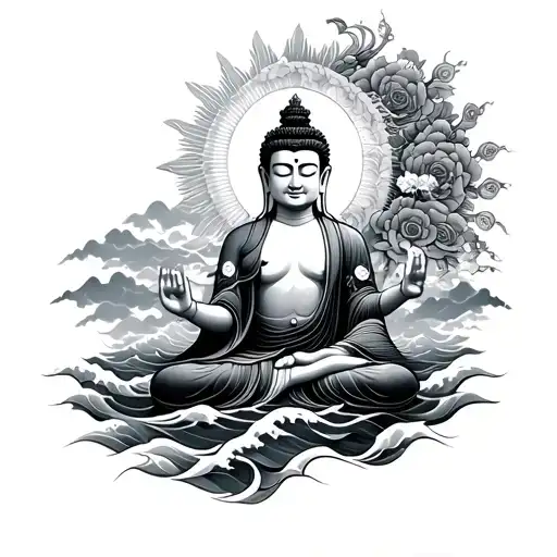 kannon bodhisattva with waves and sun tattoo design idea